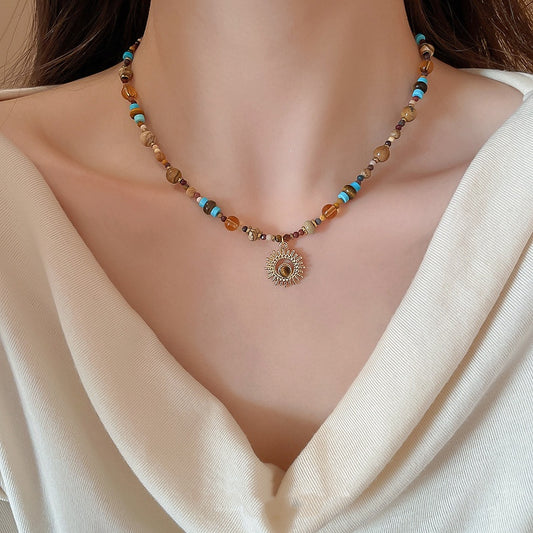 Titanium Steel Natural Stone Rice Bead Sunflower Bead Necklace