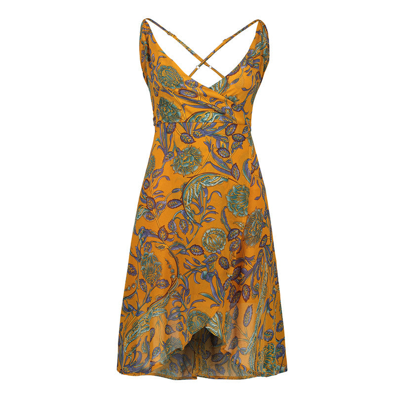 USA SIZE Sling V-neck long dress printed chiffon backless beach skirt