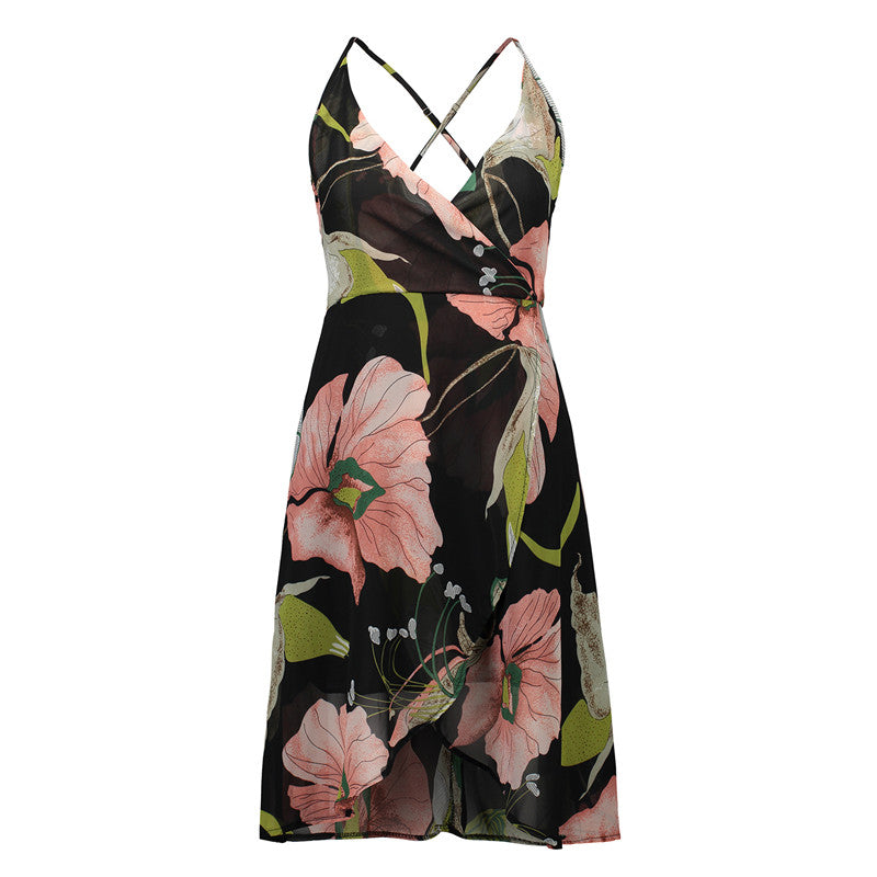 USA SIZE Sling V-neck long dress printed chiffon backless beach skirt