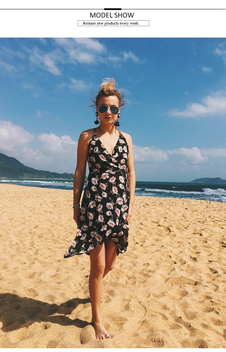 USA SIZE Sling V-neck long dress printed chiffon backless beach skirt