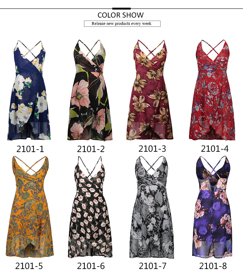 USA SIZE Sling V-neck long dress printed chiffon backless beach skirt