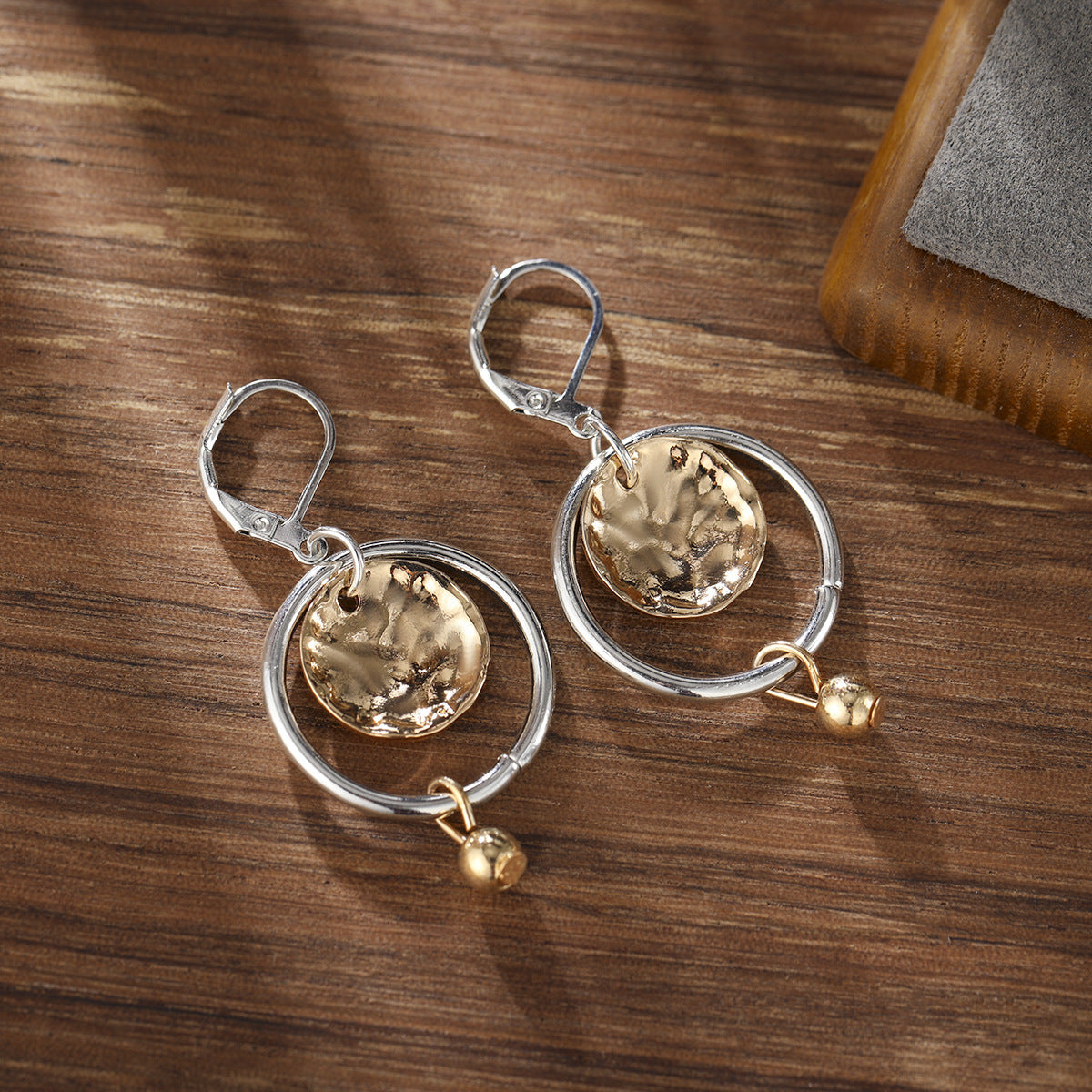 Creative Retro Womens Two-Tone Hammered Disc Pendant Earrings