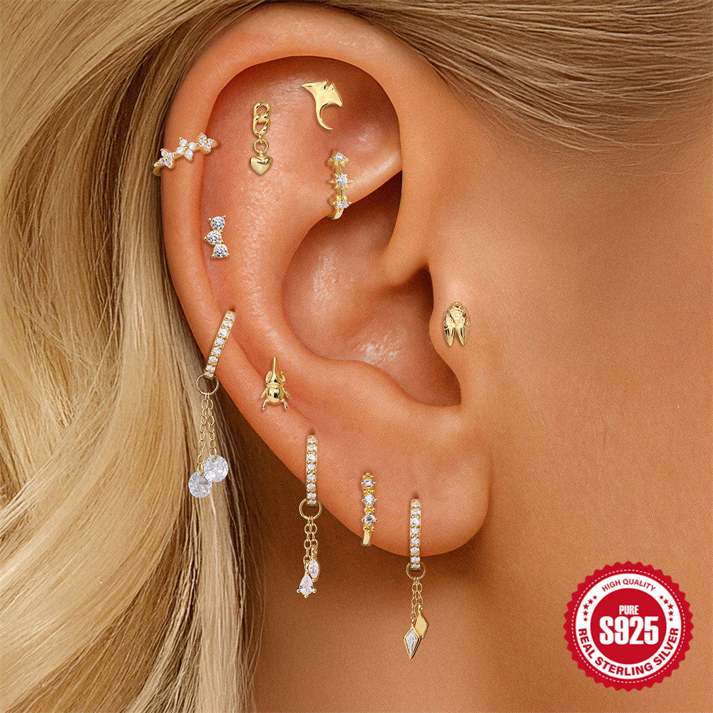 S925 Sterling Silver Classic Eight-Pointed Star Flower Earrings With Diamonds