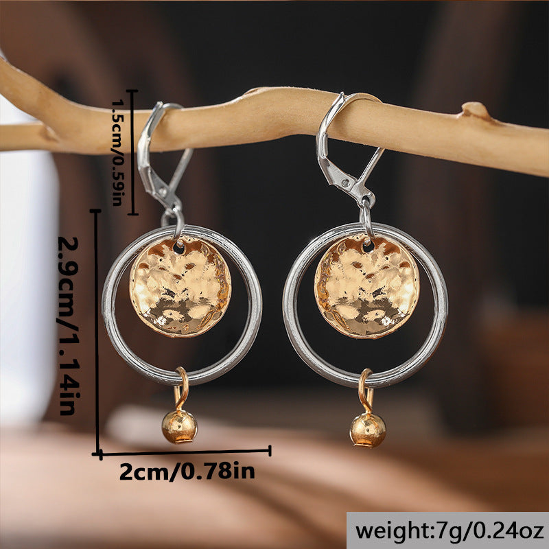 Creative Retro Womens Two-Tone Hammered Disc Pendant Earrings