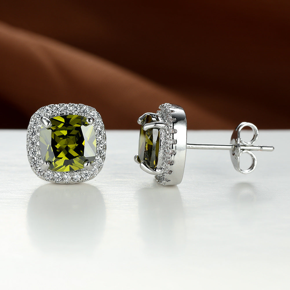 Minimalist Emerald Zircon And White Diamond-Edged Stud Earrings