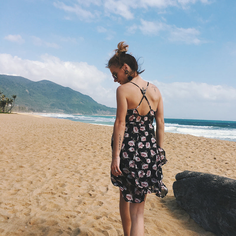 USA SIZE Sling V-neck long dress printed chiffon backless beach skirt