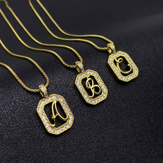 Womens Gold Square Plate 26 Letter Necklace