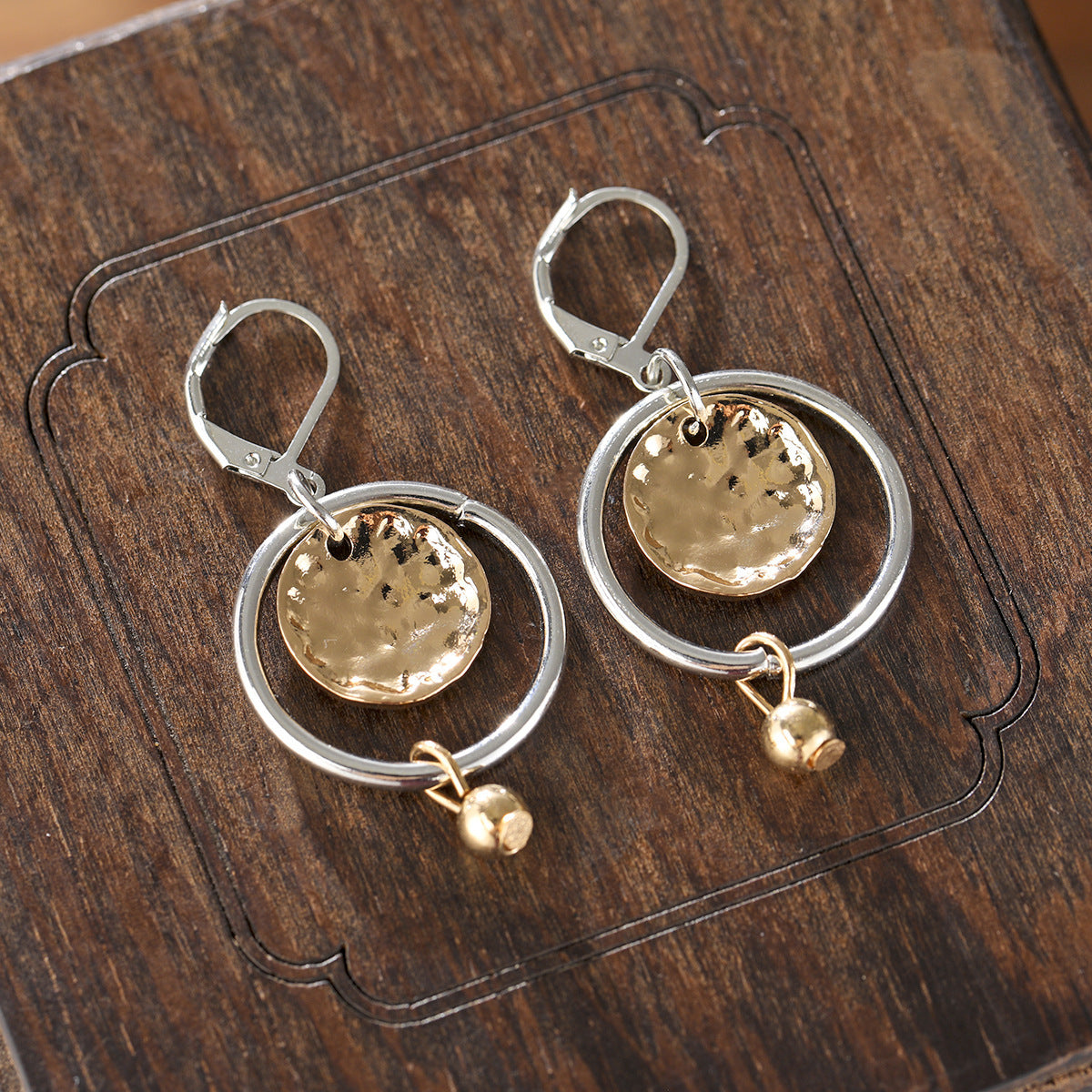 Creative Retro Womens Two-Tone Hammered Disc Pendant Earrings